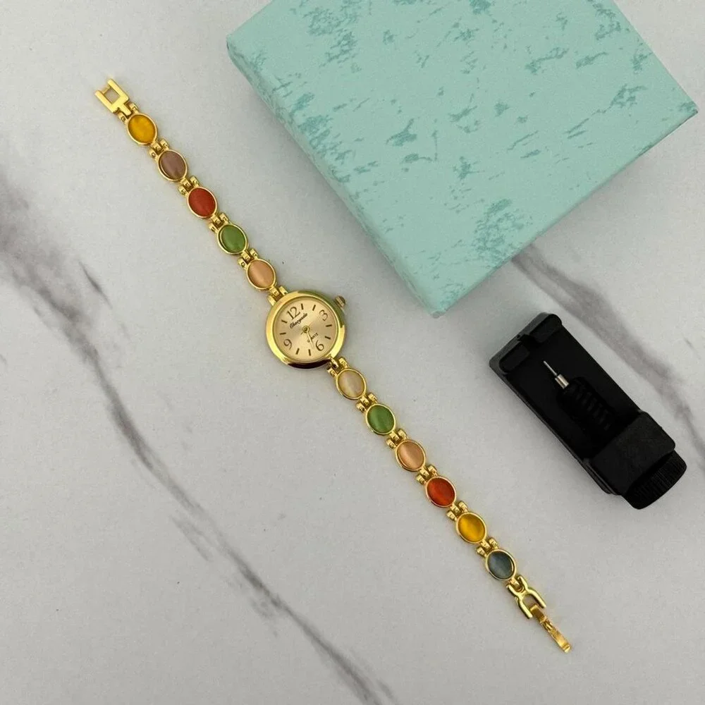 Sku:0223‎ vintage style gold mini watch with multicolored stones + in a gift box